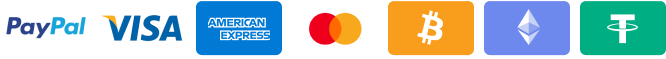 Accepted payment methods including PayPal, Visa, American Express, Mastercard, Bitcoin, Ethereum, and Tether